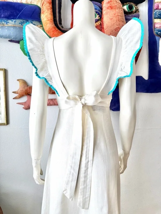 Vintage YOUNG EDWARDIAN DRESS Pinafore Ruffles Embroidered Birds 1970s Boho XS/S - Picture 5 of 11